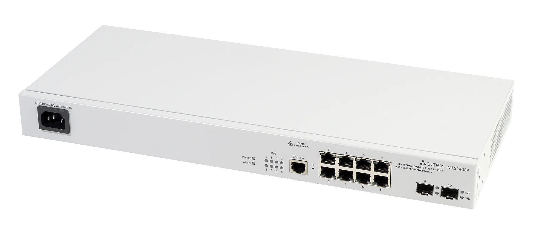Ethernet-коммутатор MES2408P, 8xPoE/PoE+ (1G) + 2x100/1000BASE-X, L2, 48V DC