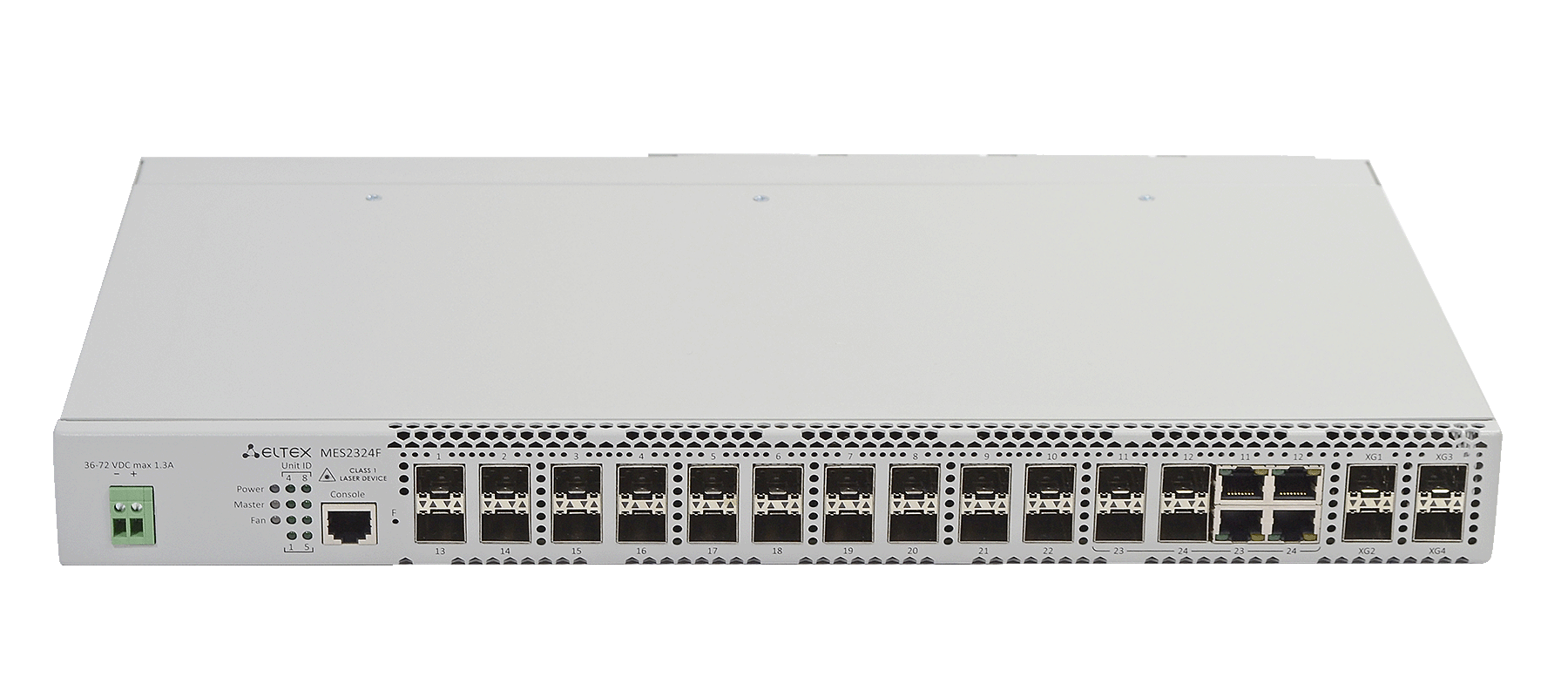 Ethernet-коммутатор MES2424FB, 24x1G SFP + 4x10G SFP+, L3, 220V AC/12V DC