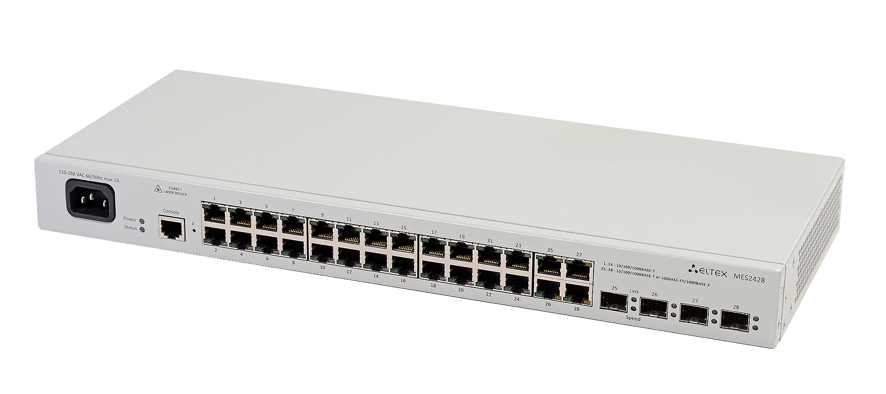 Ethernet-коммутатор MES2428P, 24xPoE/PoE+ (1G) + 4xCombo (RJ45/SFP), L2, 220V AC