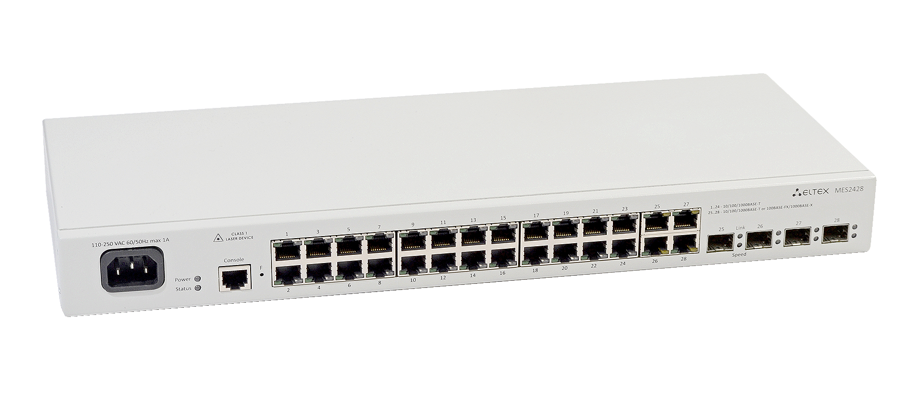Ethernet-коммутатор MES2428P, 24xPoE/PoE+ (1G) + 4xCombo (RJ45/SFP), L2, 220V AC
